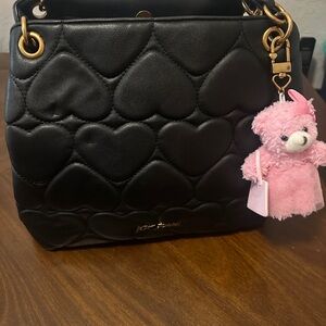 Betsey Johnson Black Quilted Heart Shoulder Bag/Purse With Pink Bear Bag Charm